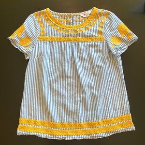 Boden blouse, blue and white stripes, golden yellow embroidery, size 2